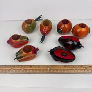 Vtg 8 Hand Painted Carved Wooden Lacquered Fruit Vegetable Napkin Rings Colorful